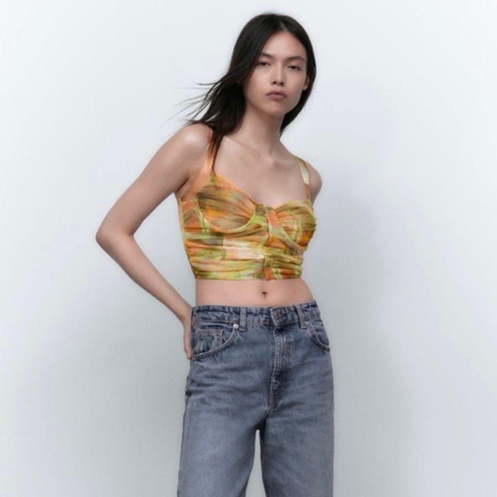 Zara Green and Orange Printed Ruched Bust Crop Top